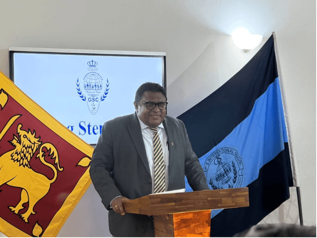 H.E. Ambassador Wishwanath Aponso addressing the school community at Guiding Steps College